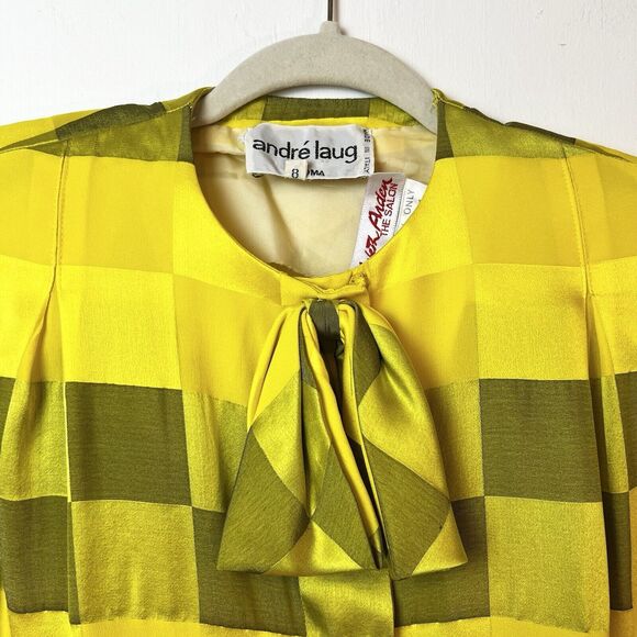 Andre’ Laug Silk Top Green Yellow Checkered Bow Vintage Women’s Sz 8 - Picture 2 of 11